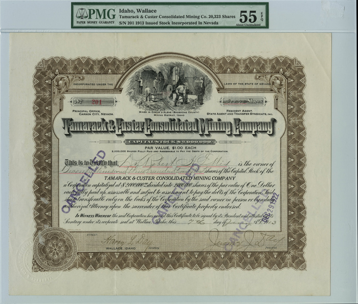 Tamarack and Custer Consolidated Mining Co. - 1910-15 dated Idaho Mining Stock Certificate